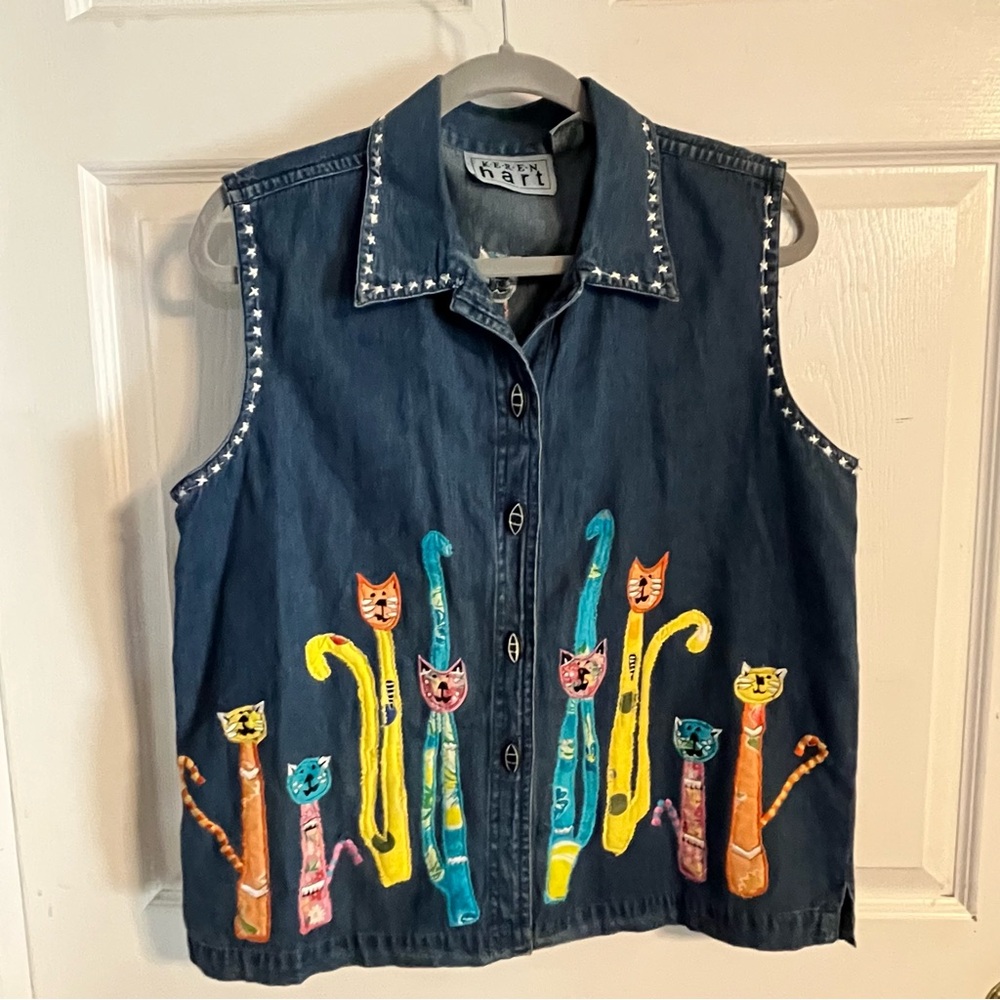 KEREN hart Denim Vest with Colorful Cat Design